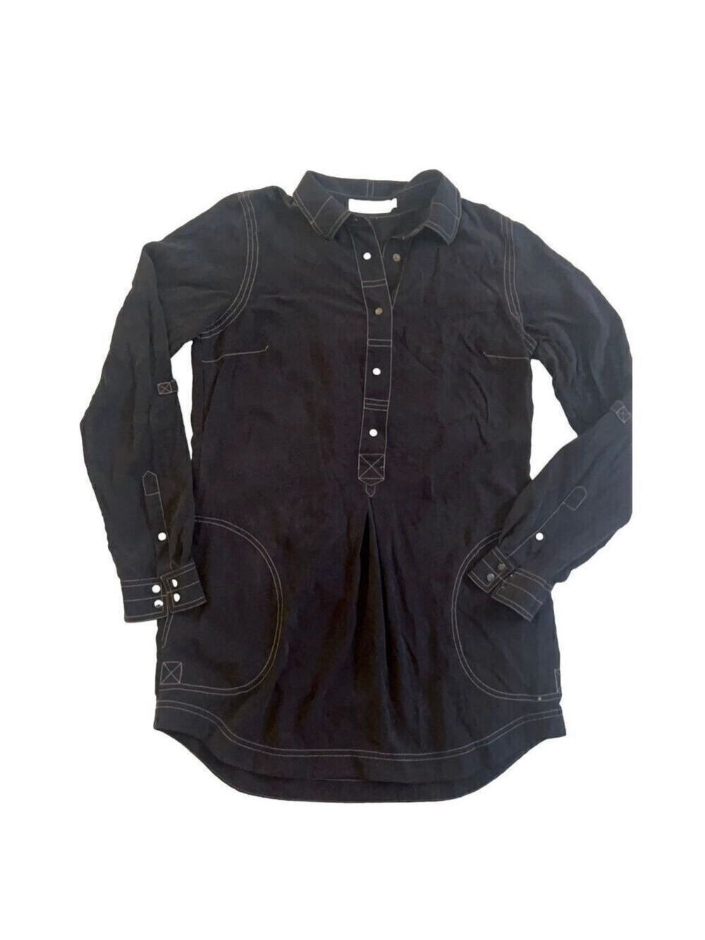 Go Silk Long Sleeve Tunic Popover Blouse Gray Snap Closure Pockets Size S